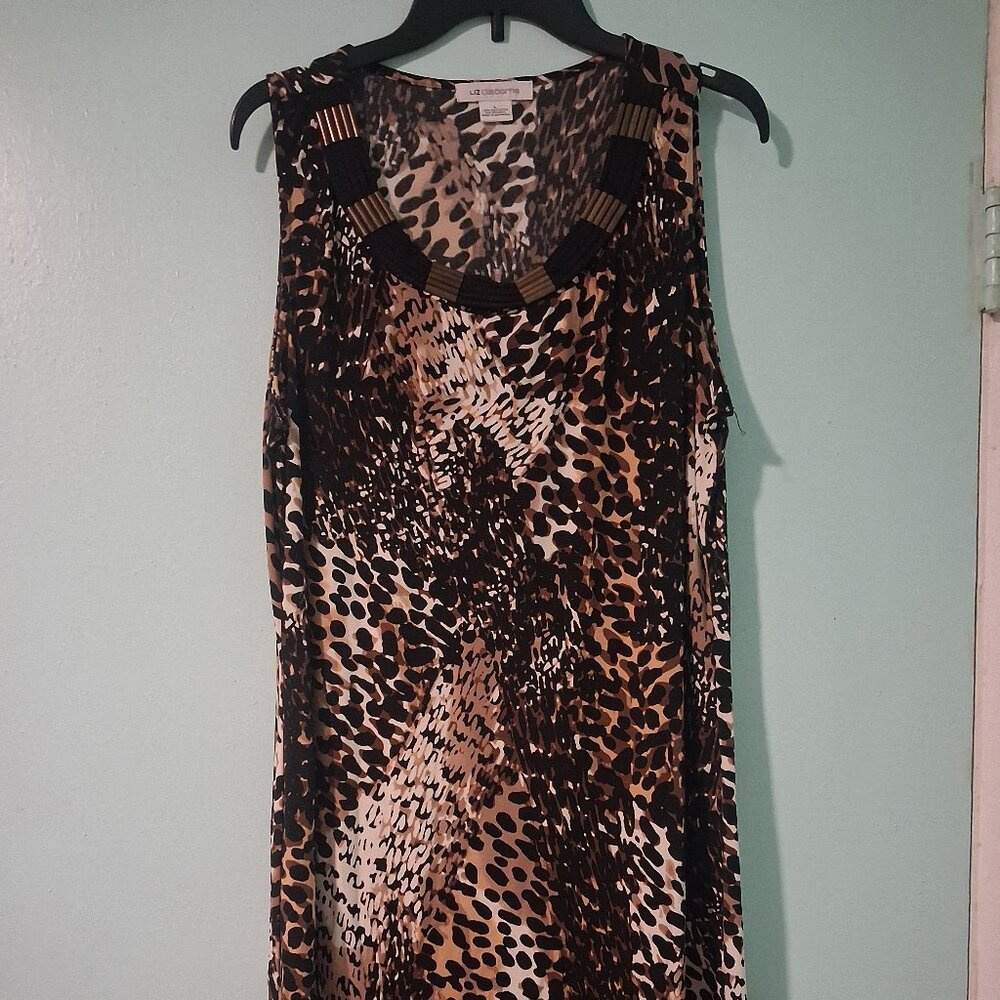 Liz Claiborne Dress Black Brown Leopard Size L Stretch Sleeveless Sheath Beaded